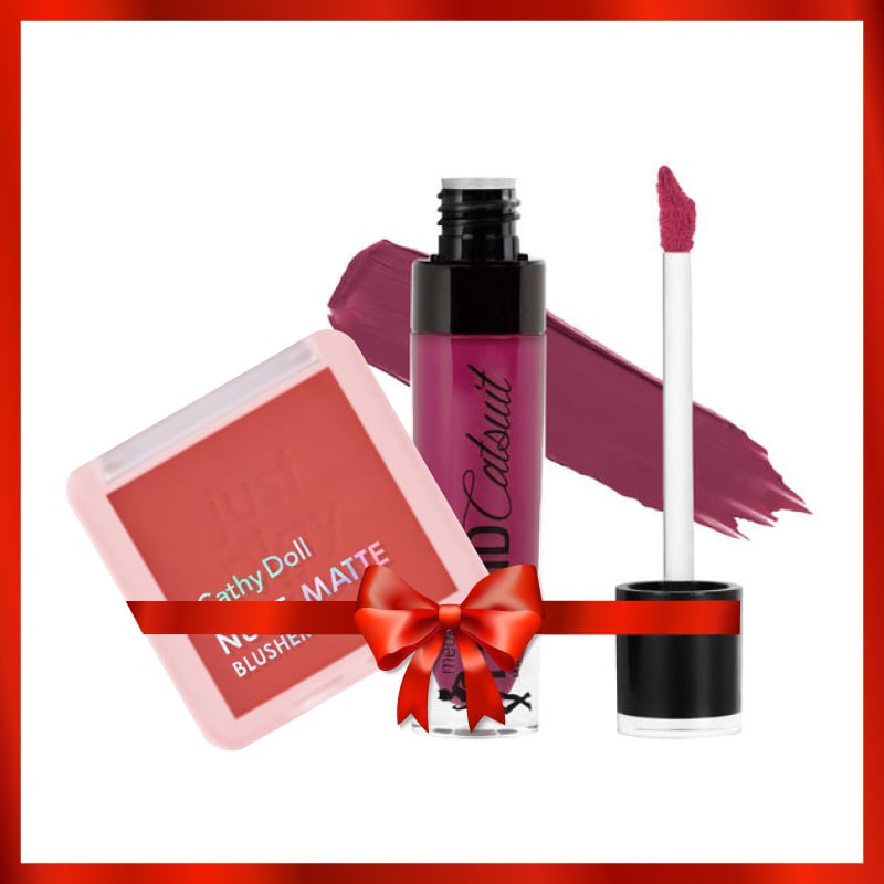 Blush & Bright [Wet n Wild Megalast Liquid Catsuit Matte Lipstick-Berry Recognize (6gm)+Cathy Doll Nude Matte Blusher #12 Twin Peach (6gm)]