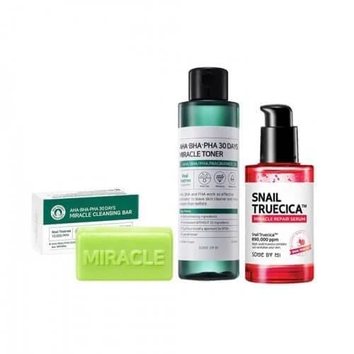 Some By Mi Aha Bha Pha Miracle Soap + Miracle Toner + Snail Truecica Miracle Serum Set (oily Acne Scar Treatment)