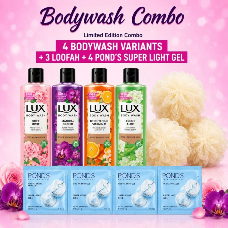 Lux The Exclusive Body Wash Combo Pack + 3 Loofah + 4 Pond’s Super Light Gel (6ml)